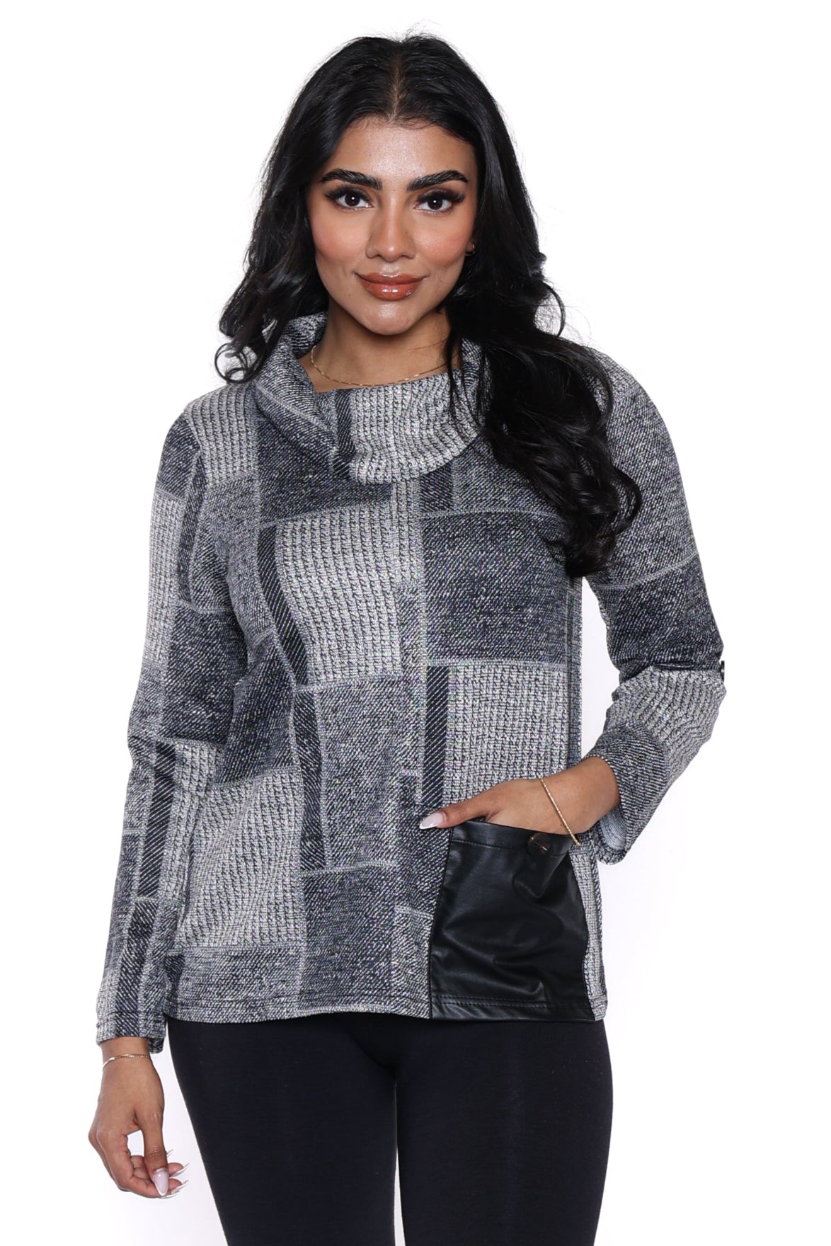 Patchwork Cowl-Neck Pullover