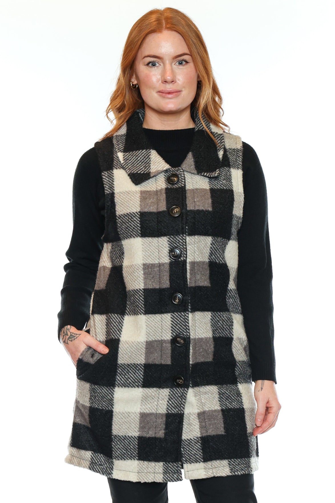 Plaid Button Front Long Vest