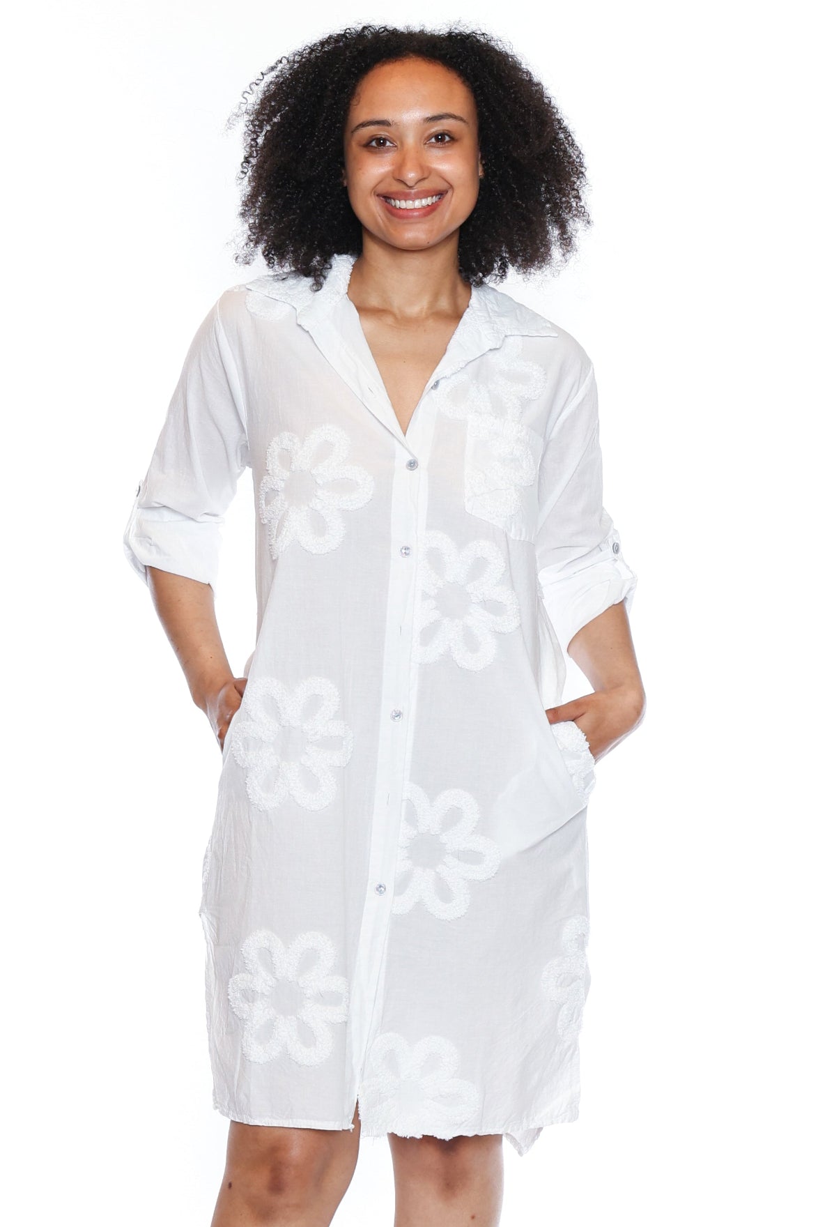 Cotton Button-Down Shirt Dress with Floral Detail