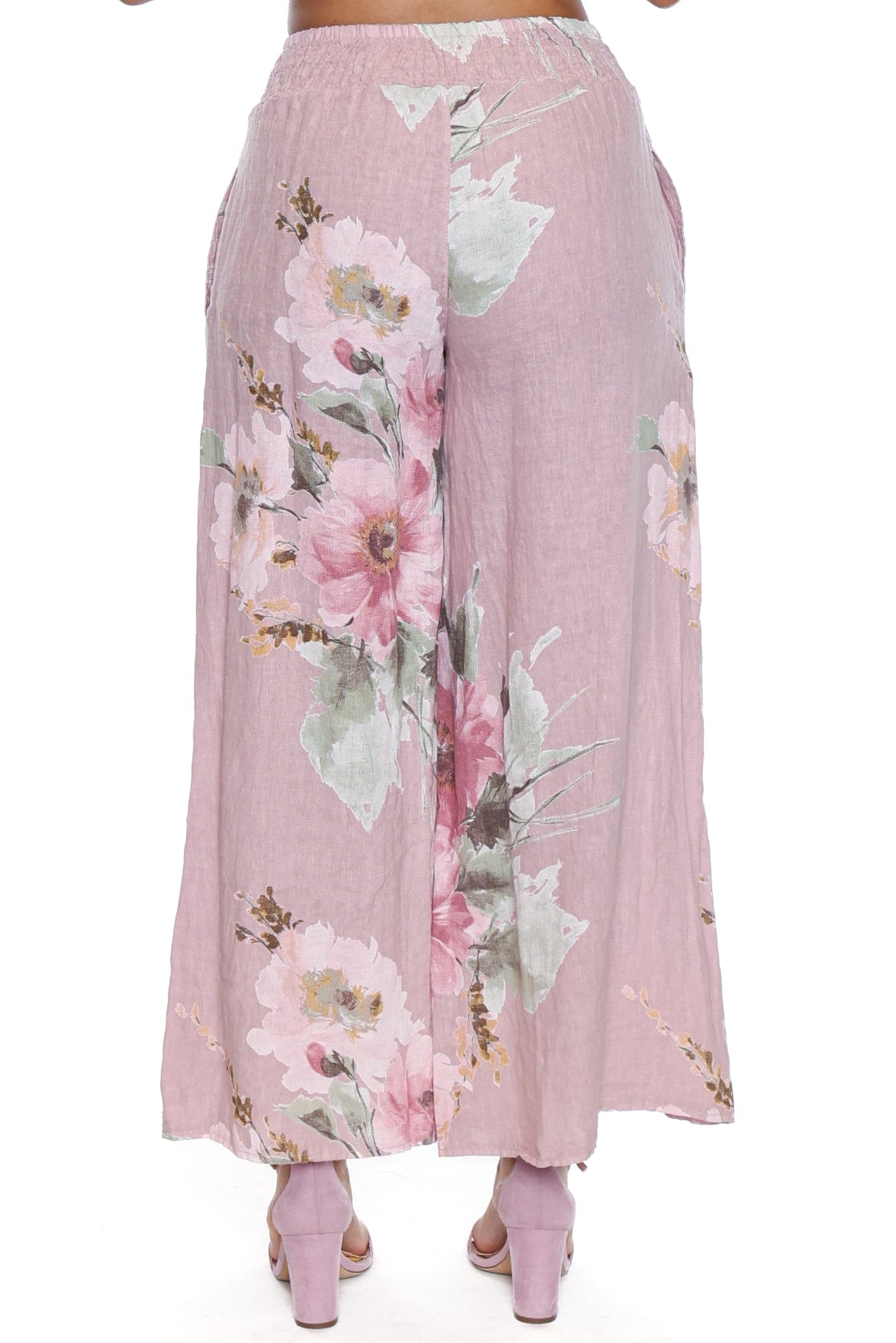 Pink Floral Linen Wide-Leg Pants