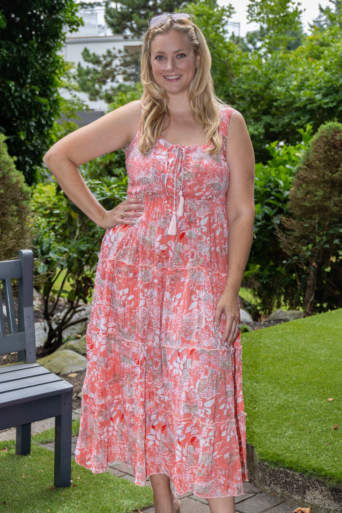 Coral Bloom Tiered Maxi Dress