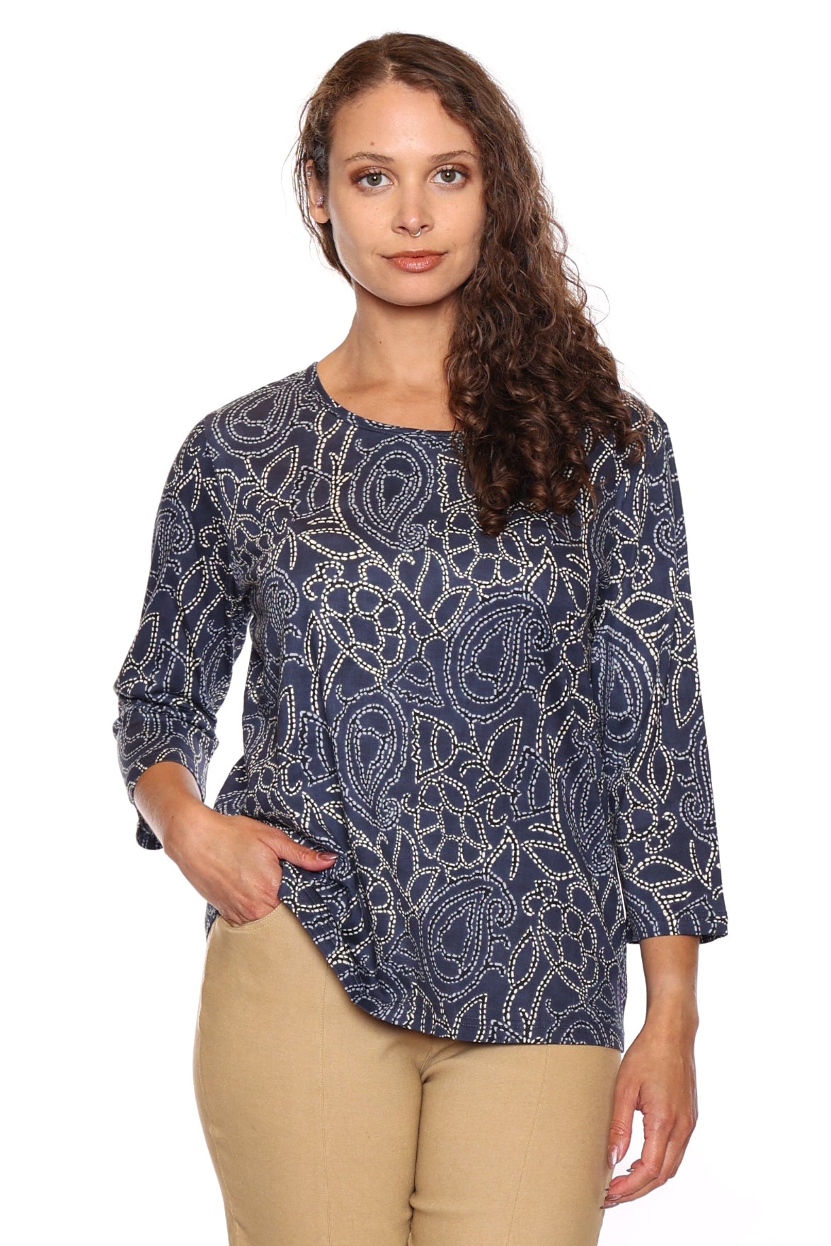 Printed Cotton 3/4 Sleeve Top