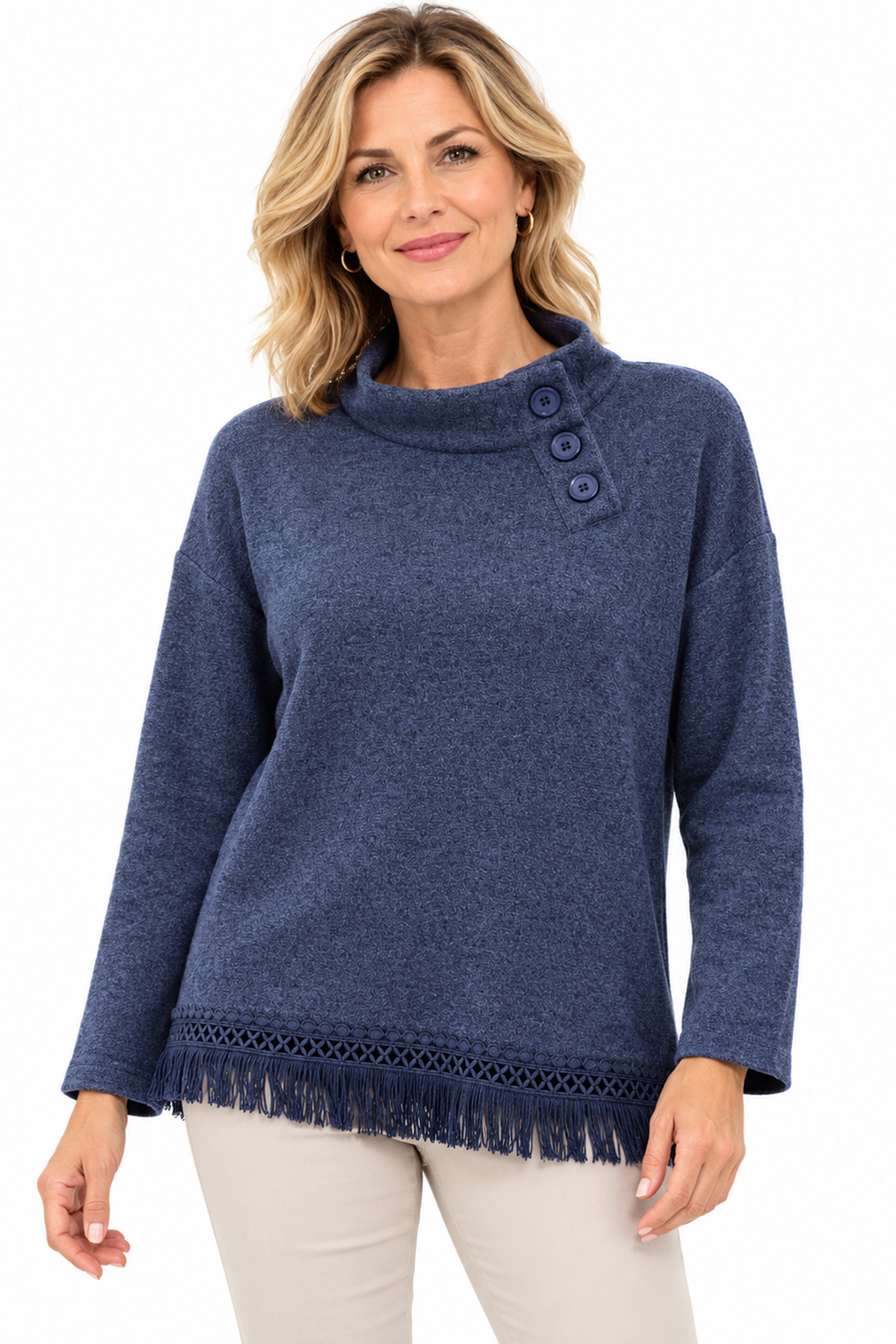 Button Neck Fringe Hem Pullover