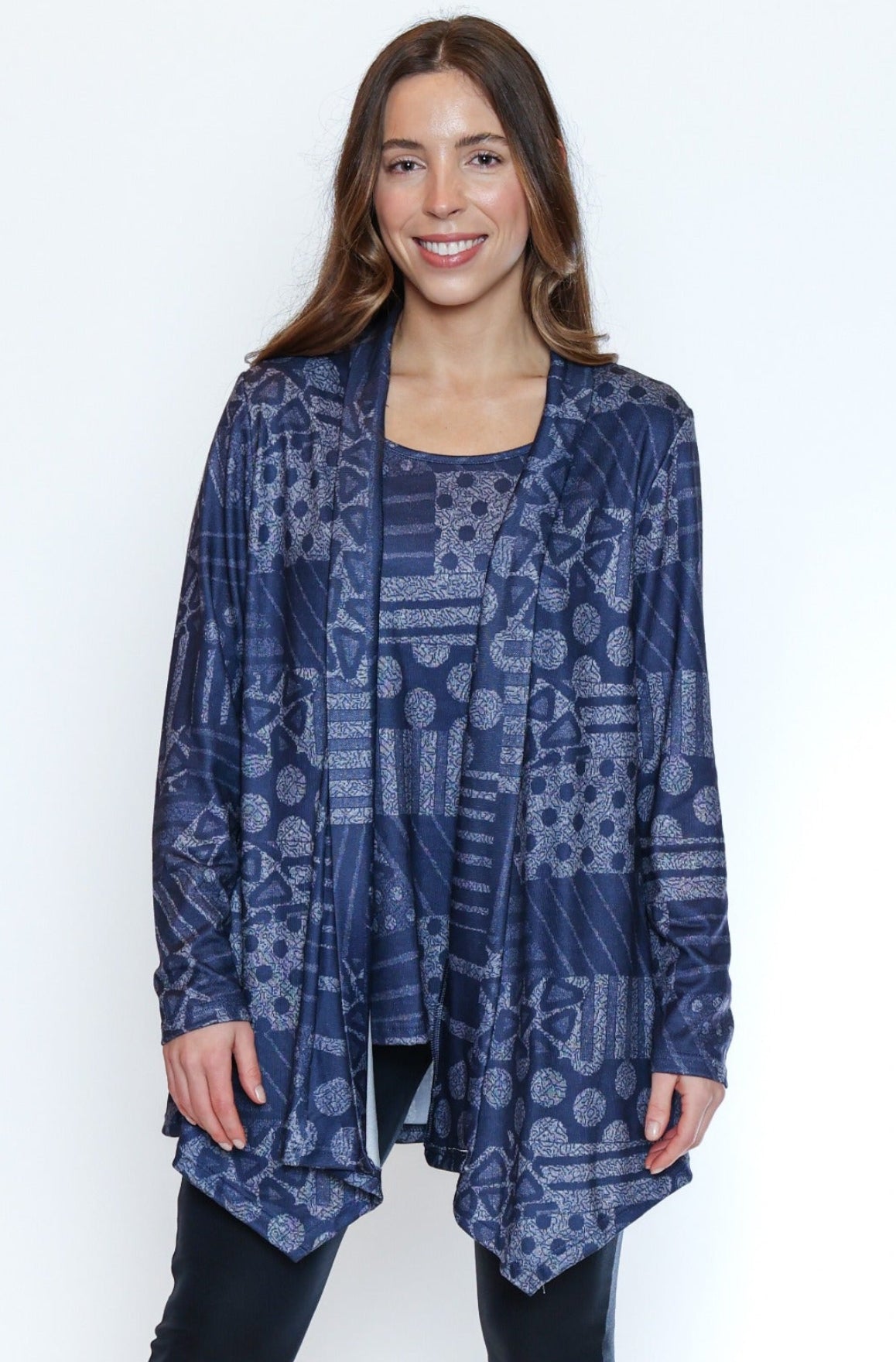 Denim Patch Print Drape Cardigan