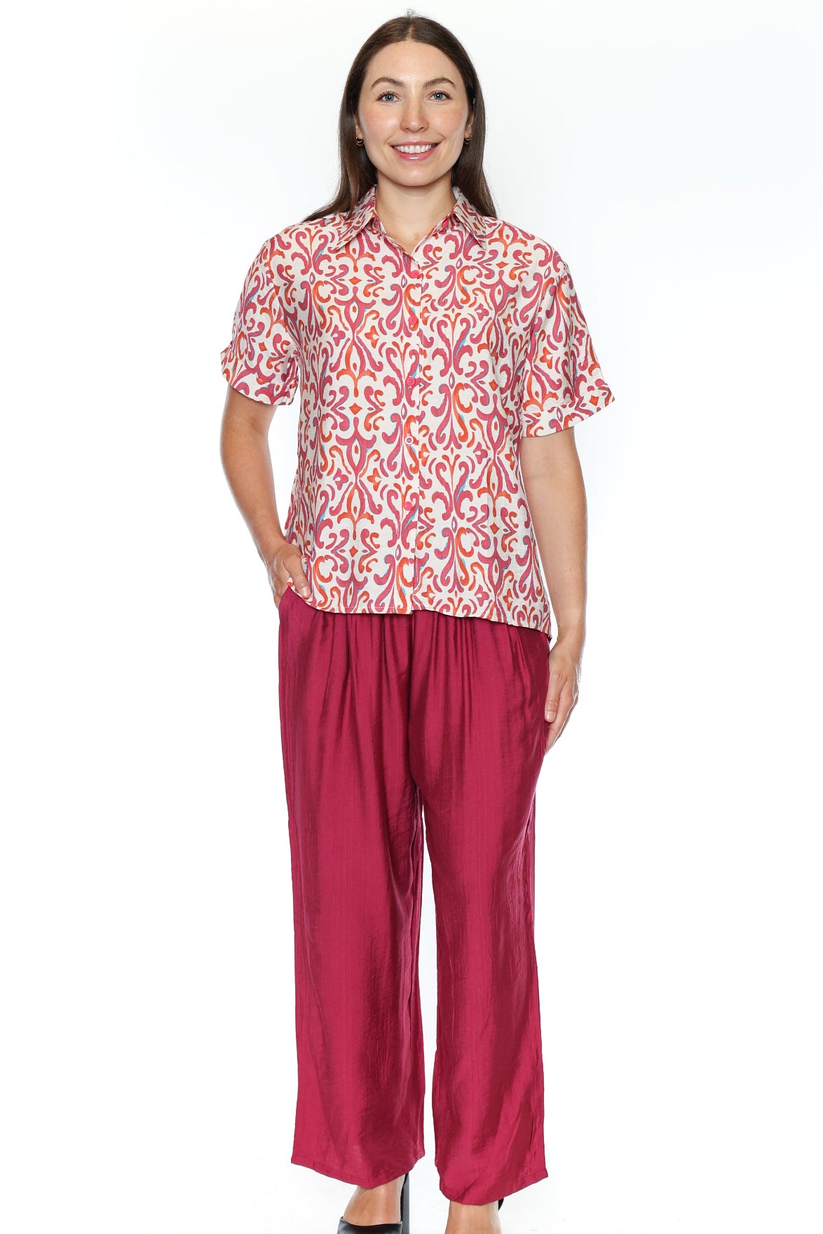 Printed Button-Down Top & Wide-Leg Pant SET