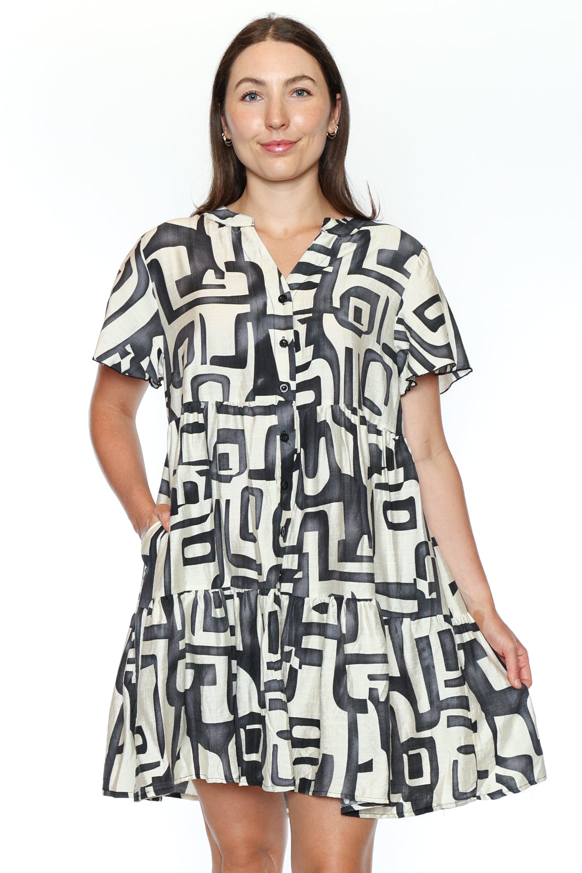 Printed Tiered Button-Front Dress