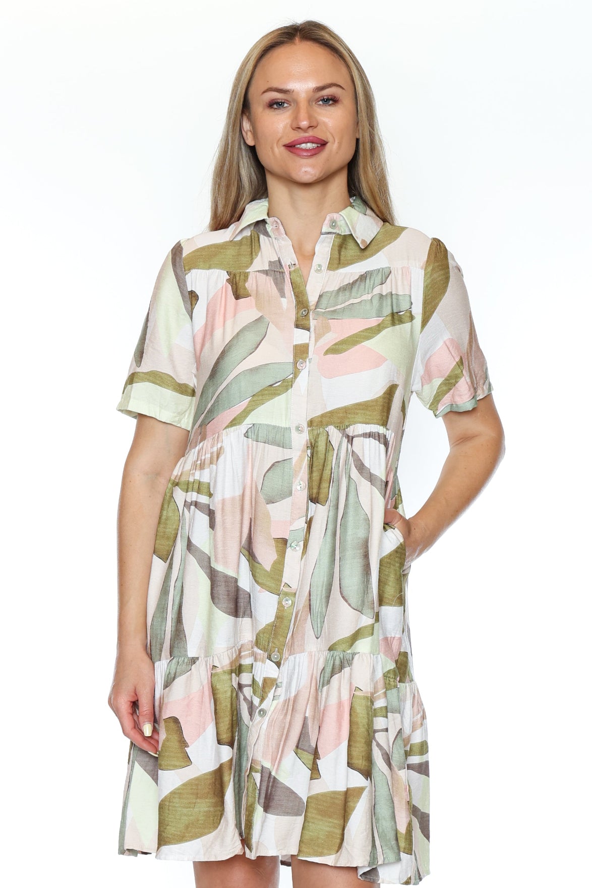 Tropical Button-Front Tiered Dress