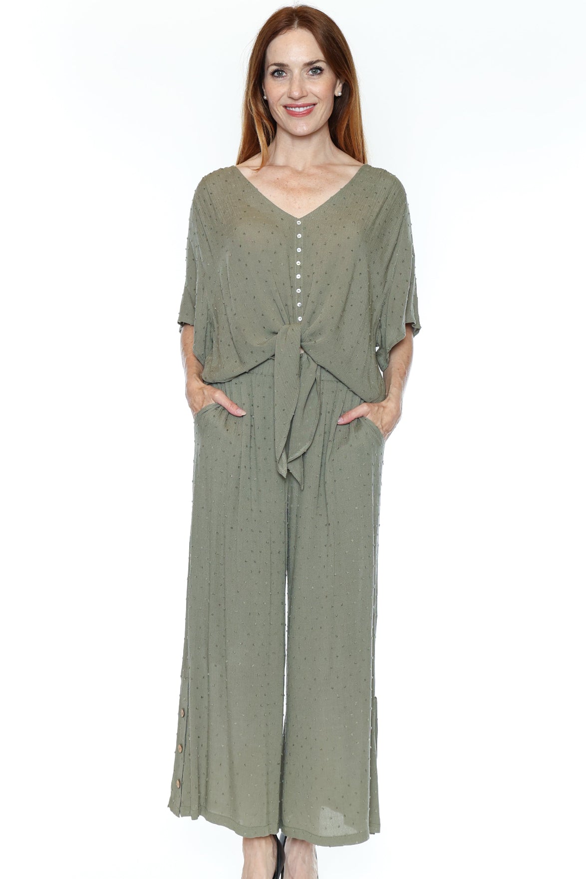 Swiss Dot Button-Front Tie Top