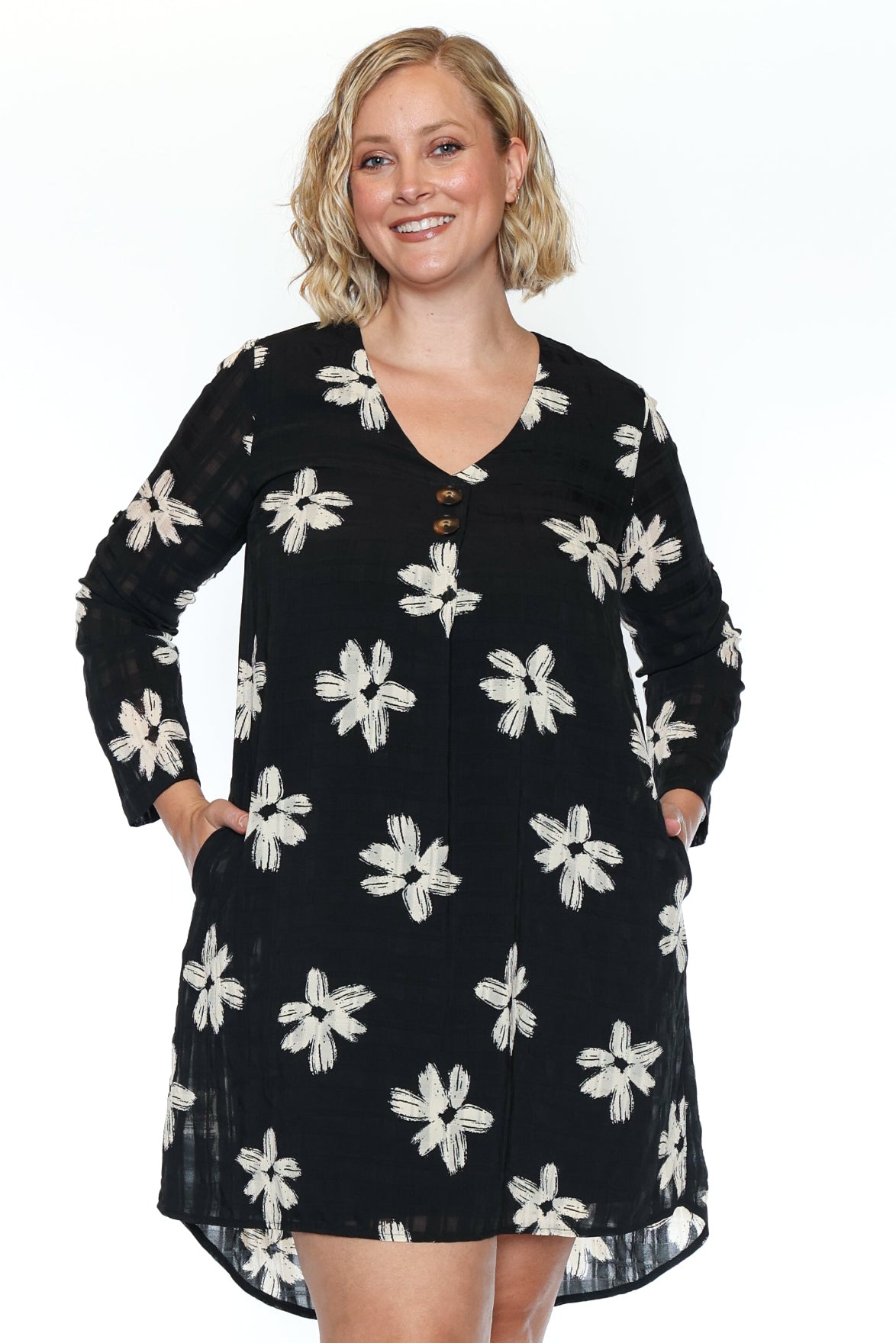Floral Button-Front Long Sleeve Dress