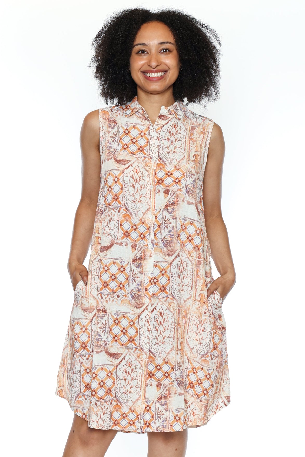 Sleeveless Printed Button-Front Dress
