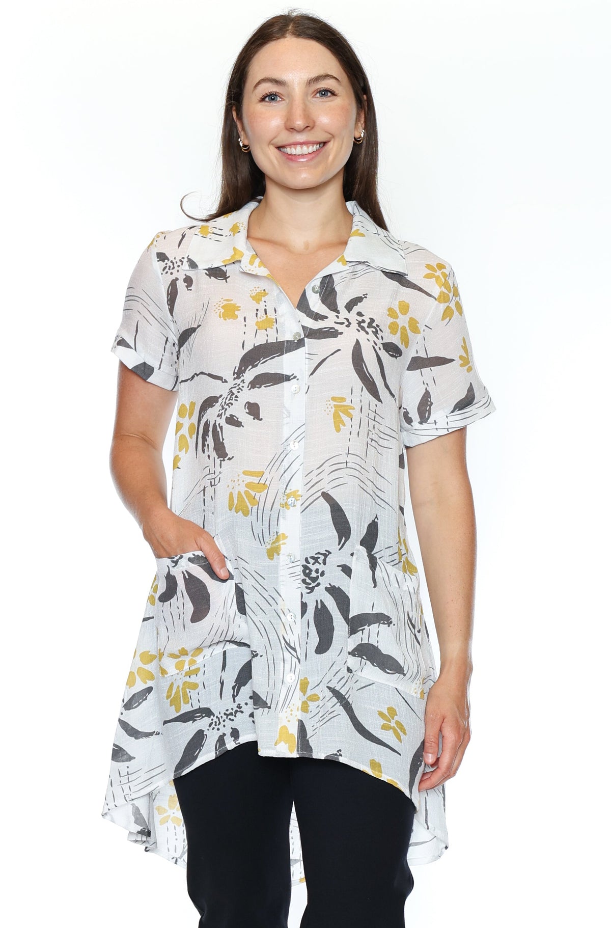 Printed High-Low Button Front Top