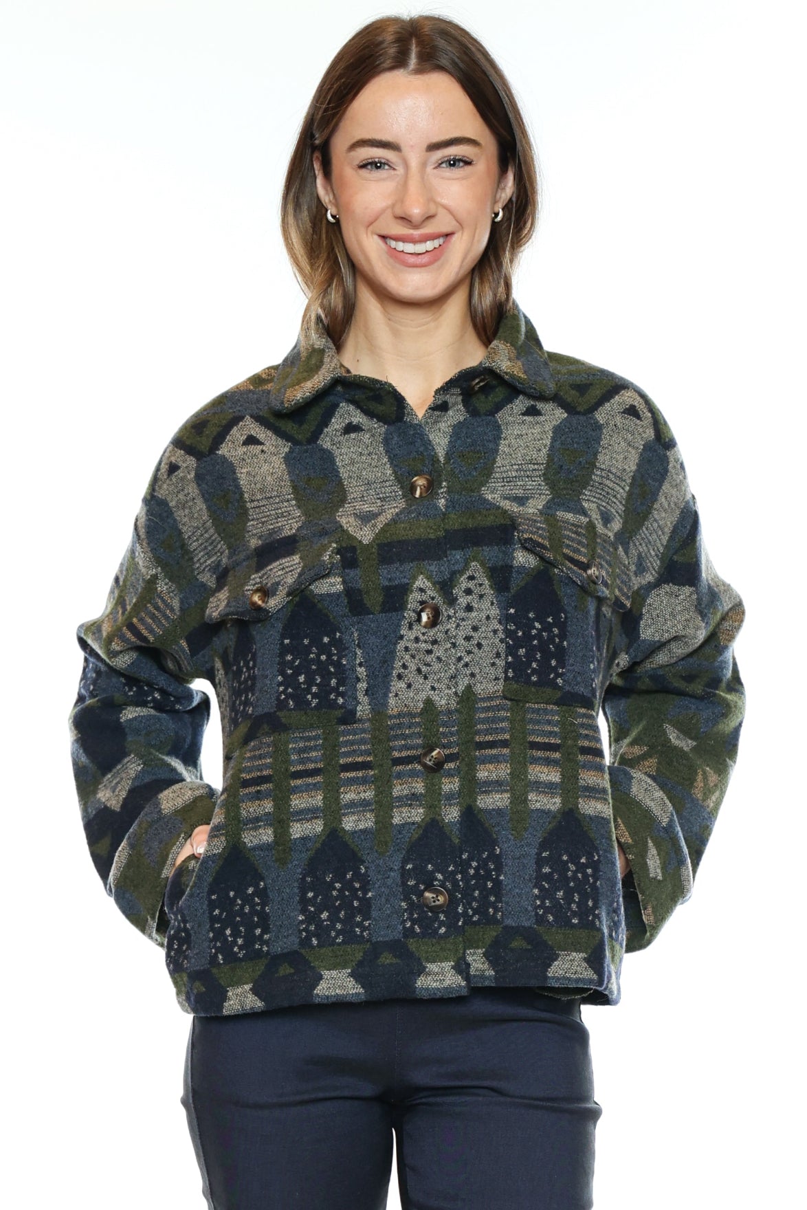 Geometric Print Button-Up Jacket