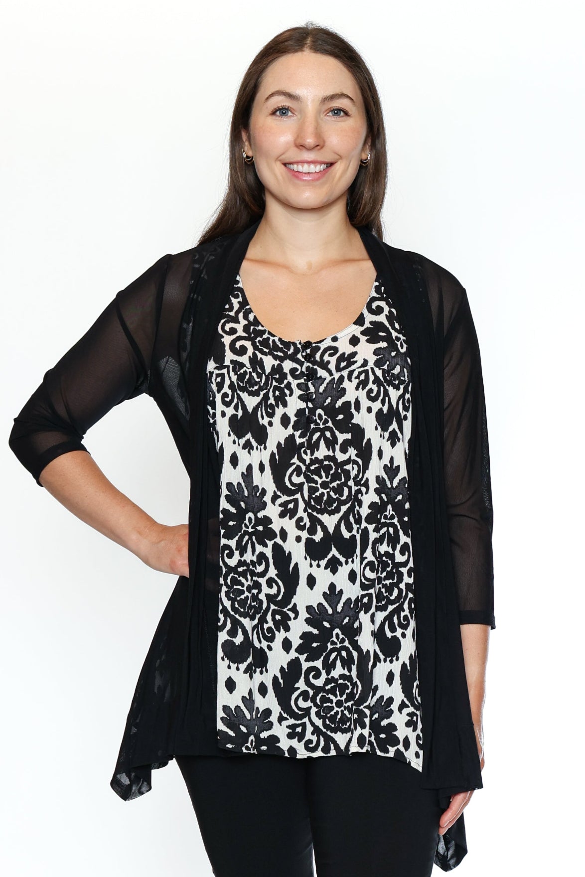 Sheer Mesh Open-Front Cardigan
