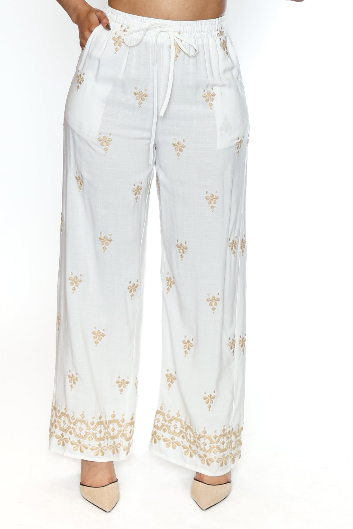 Embroidered Wide Leg Linen Blend Pants