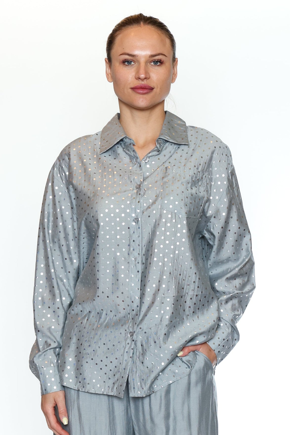 Metallic Dot Button Down Blouse