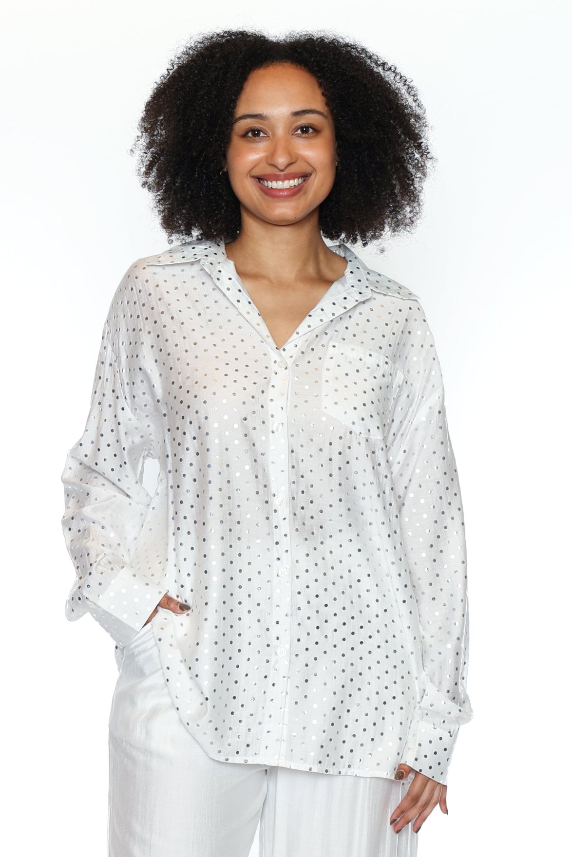Metallic Dot Button Down Blouse