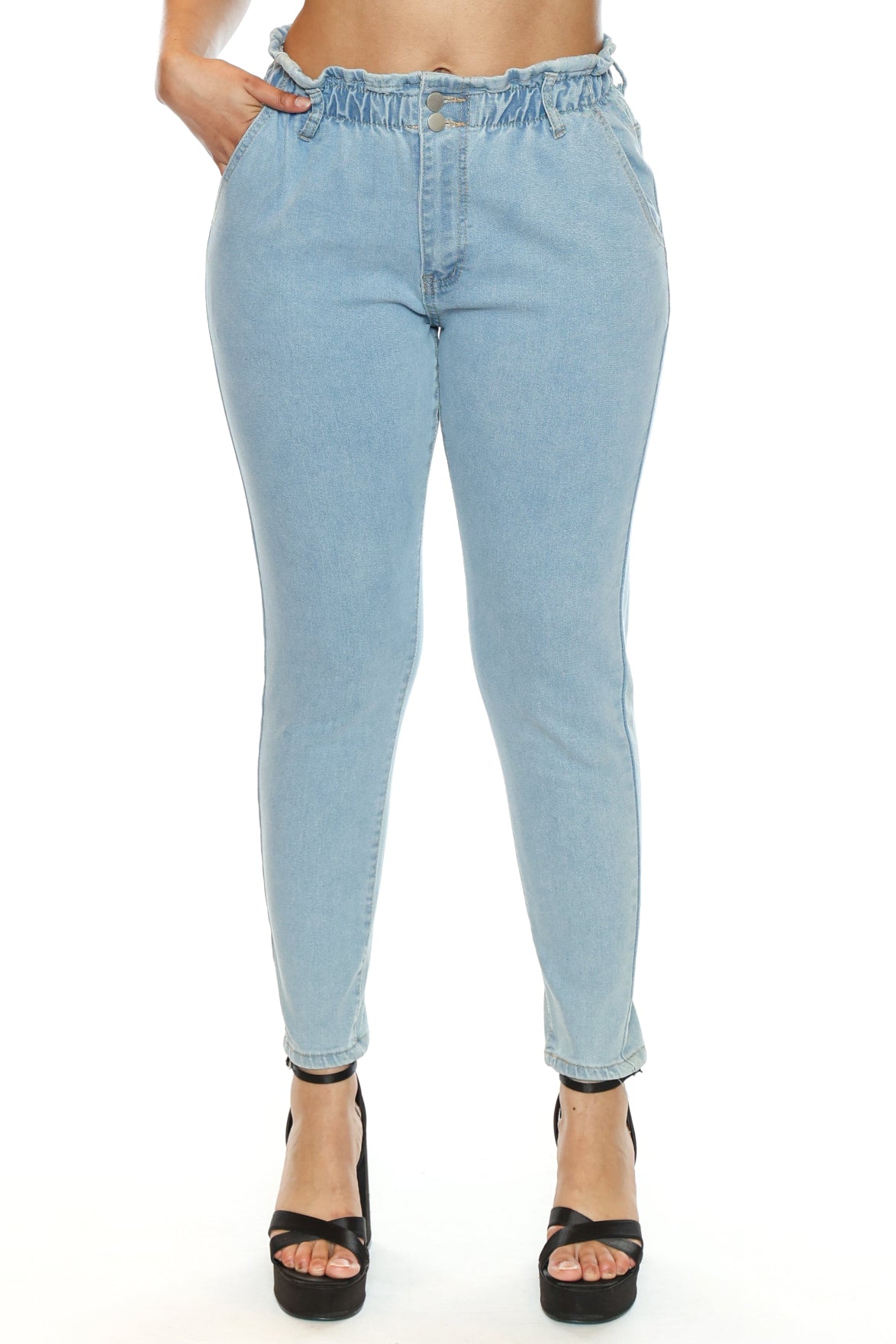 Ruched Waist Pull-On Denim Pant