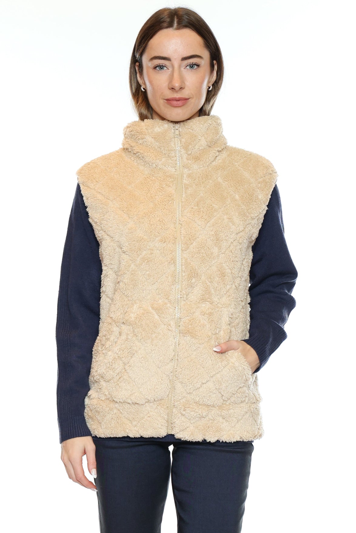 Cozy Diamond Quilted Sherpa Zip-Up Vest