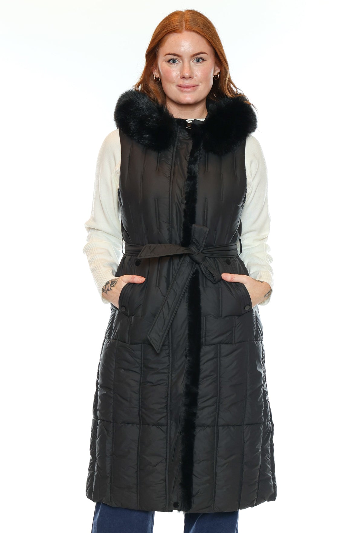 Elegant Faux Fur Trim Long Quilted Vest