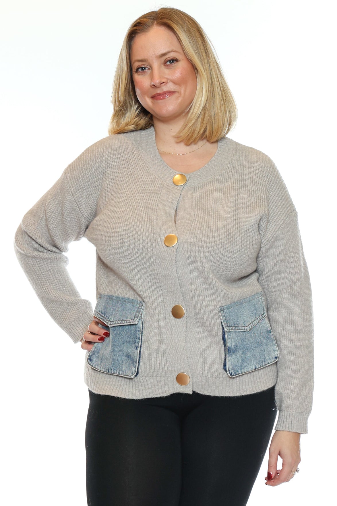 Denim Pocket Gold Button Knit Cardigan