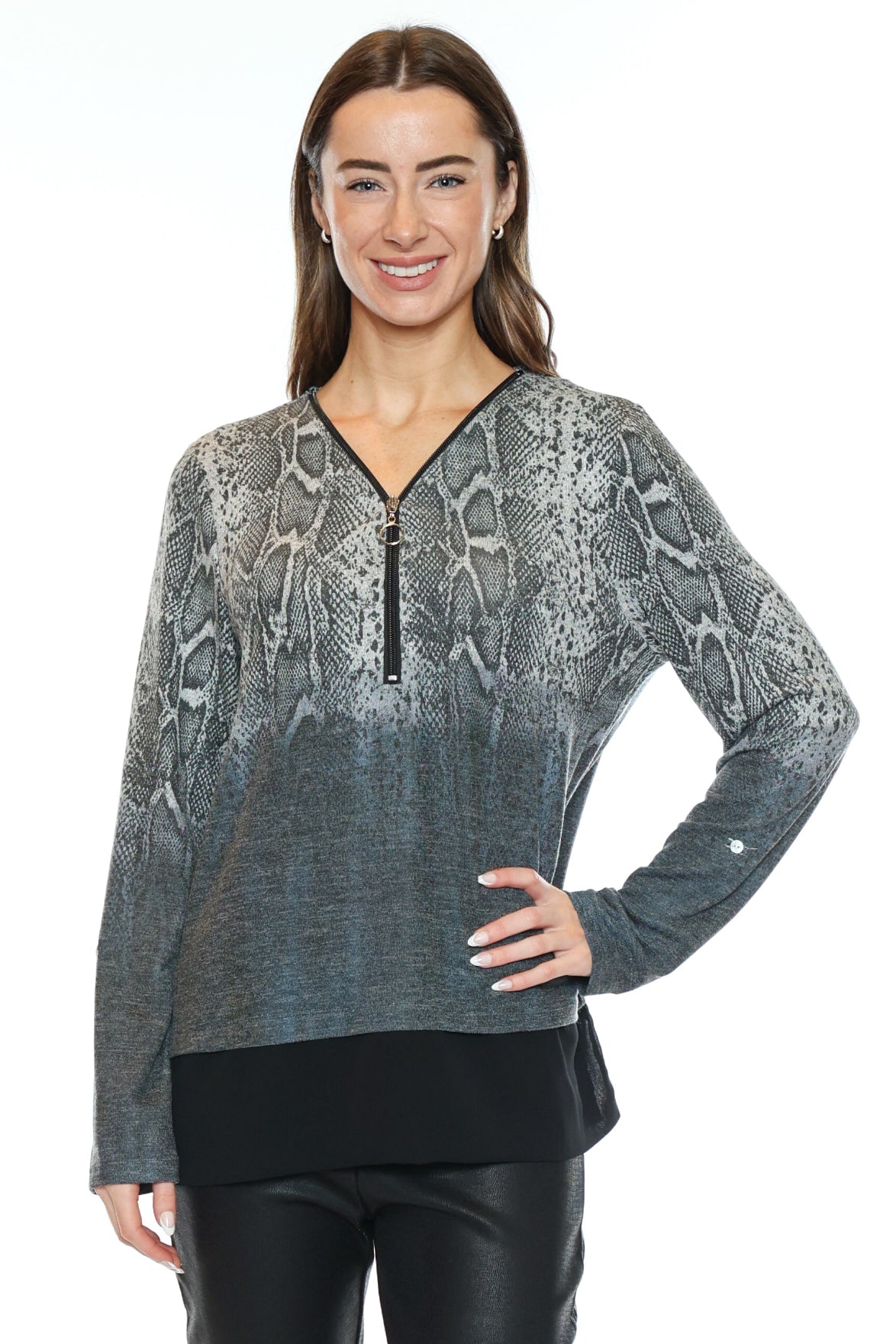 Snake Print Layered Zip Neck Top