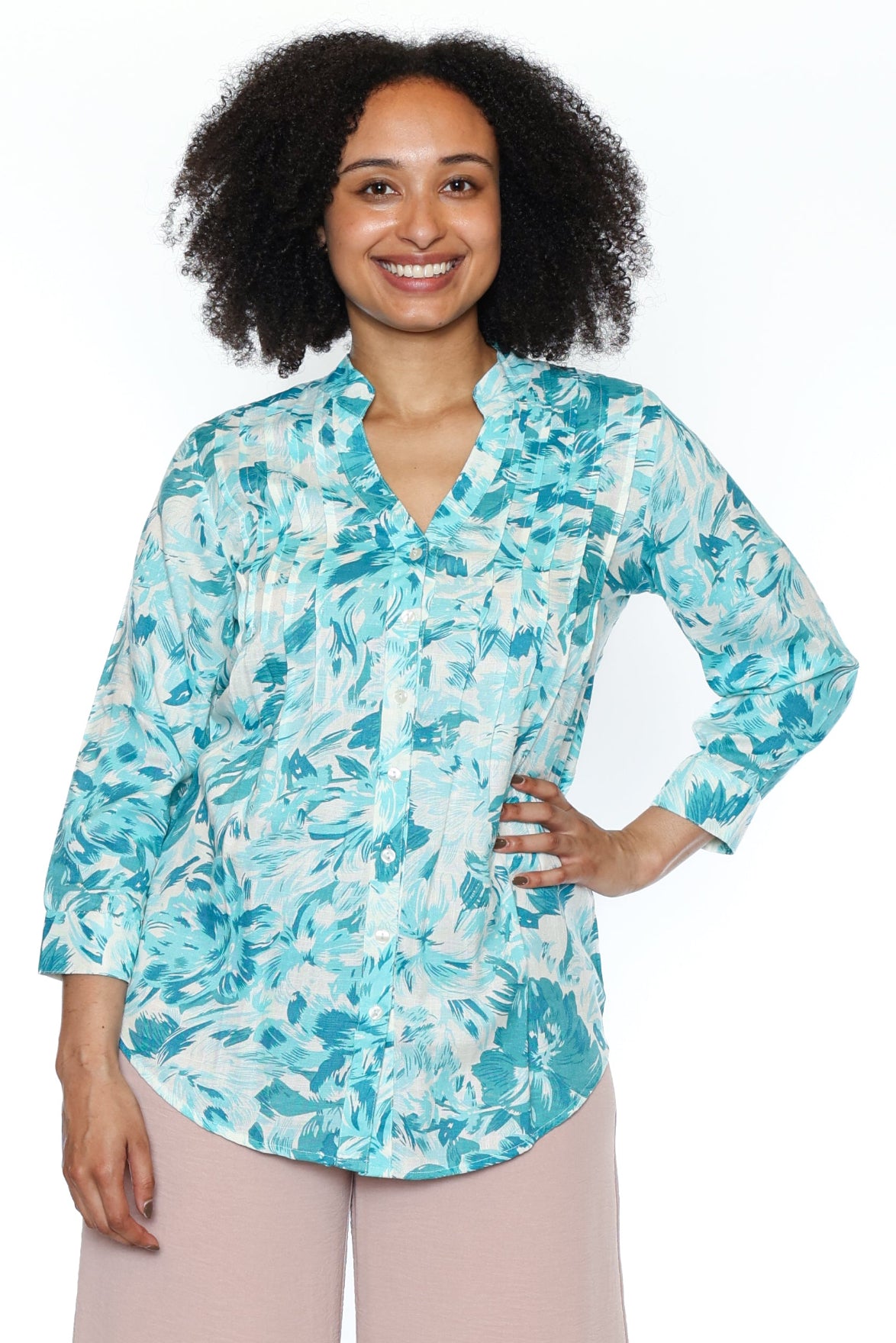 Tropical Print Button-Front Blouse