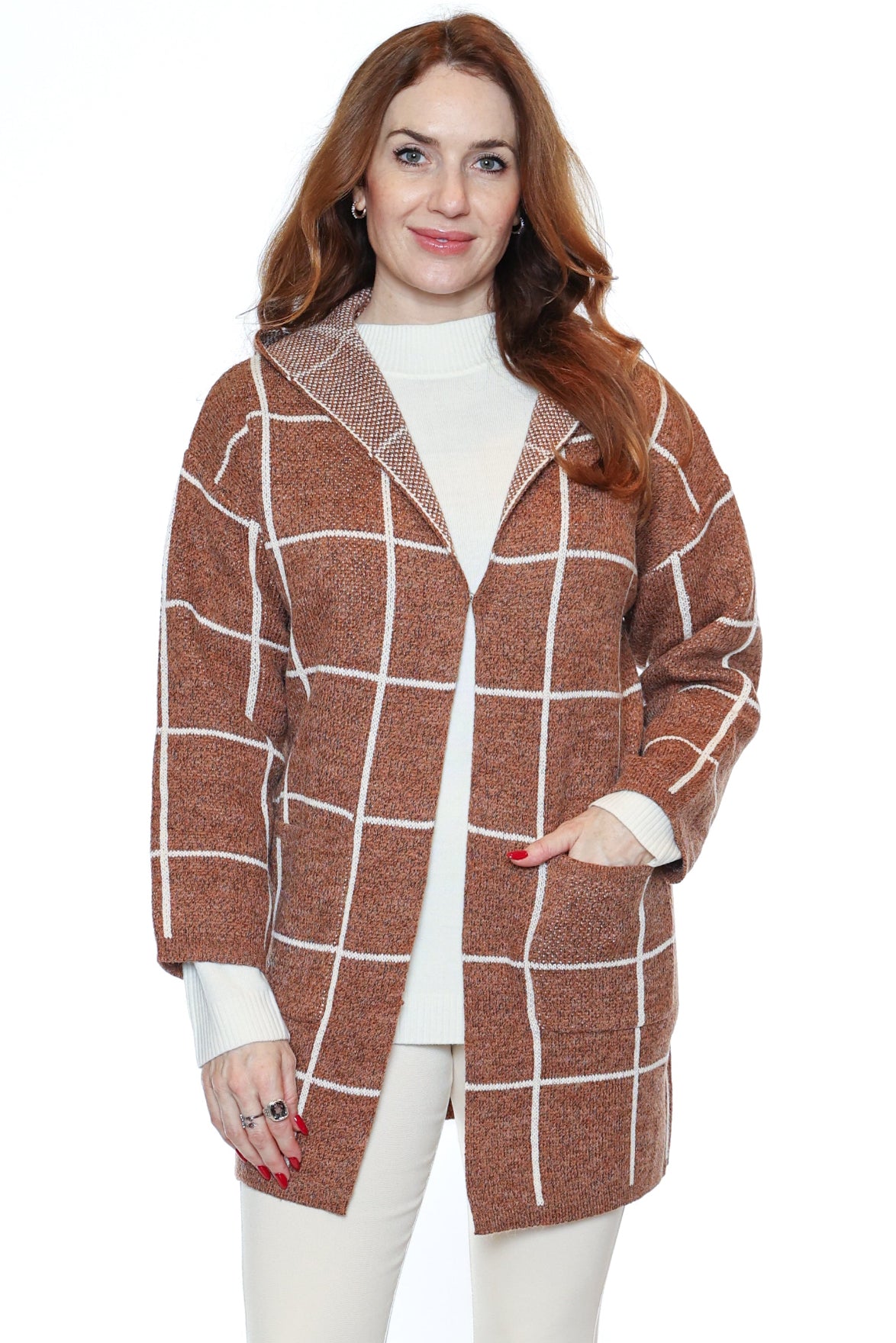 Cozy Windowpane Hooded Cardigan