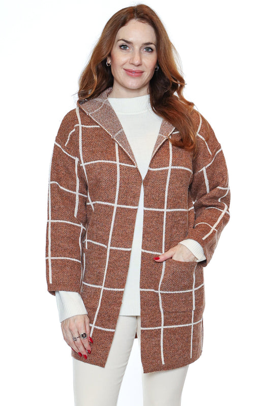 Cozy Windowpane Hooded Cardigan