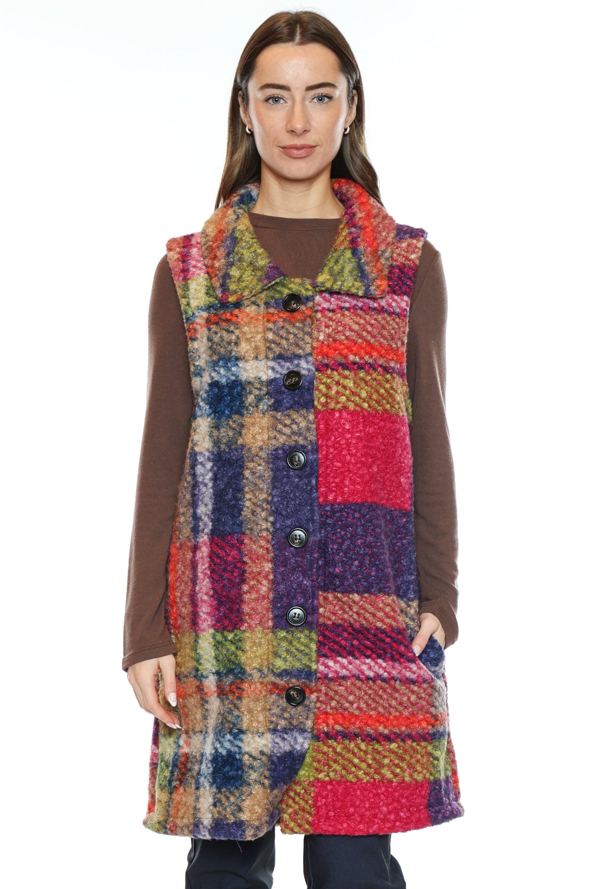Plaid Button Front Long Vest