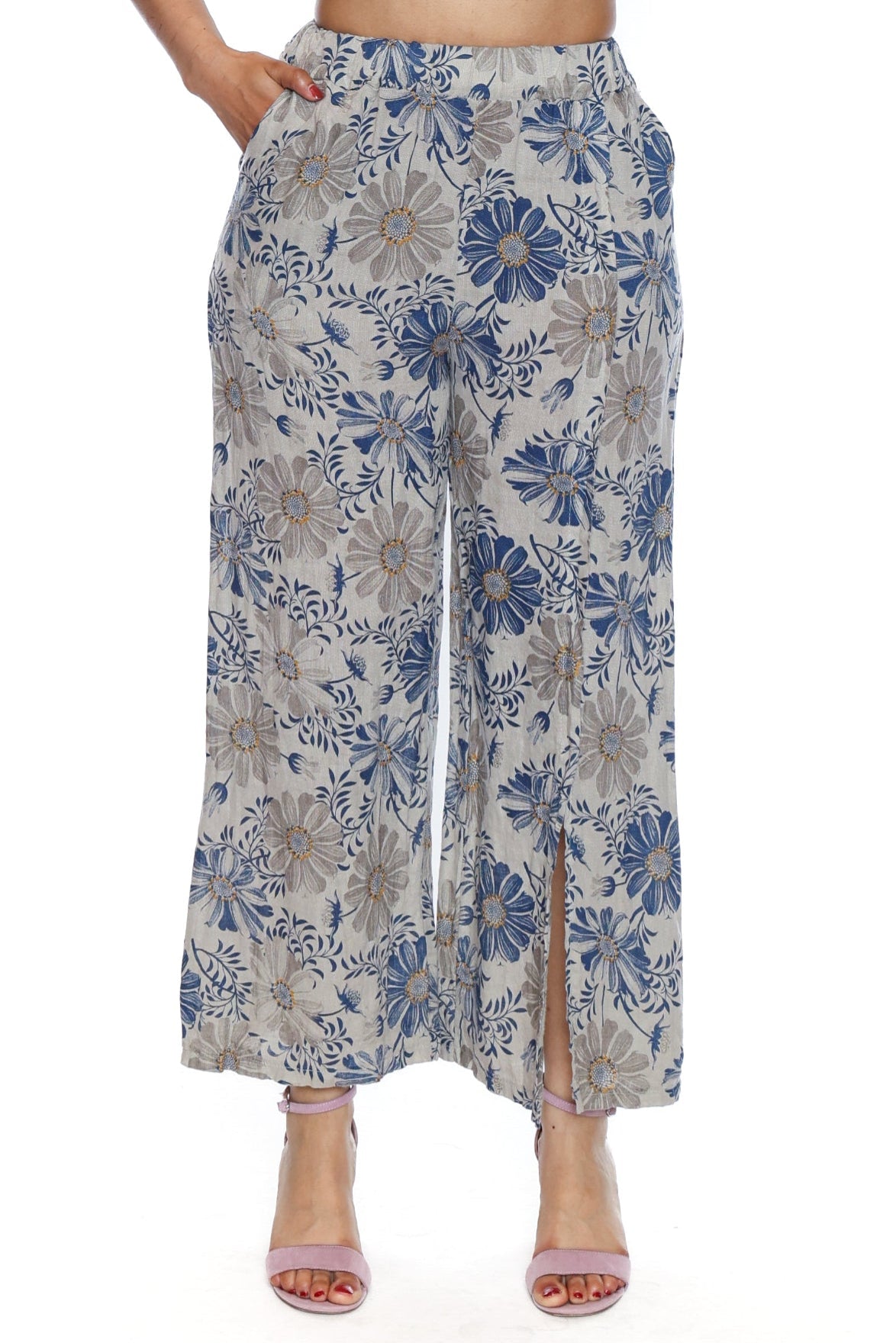 Floral Linen Wide-Leg Pants