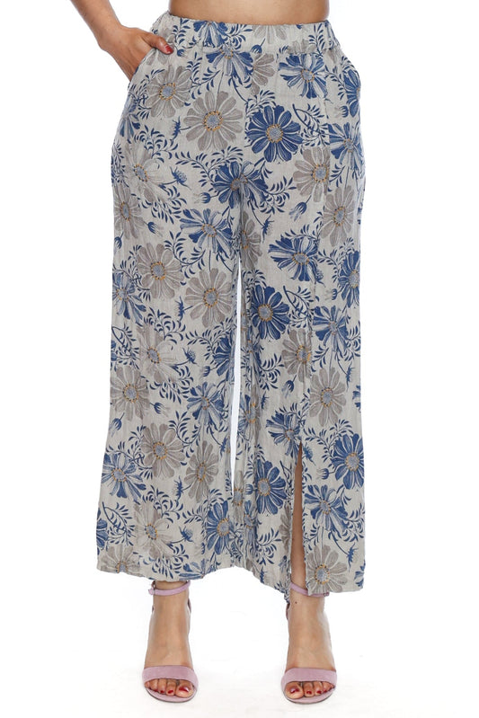 Floral Linen Wide-Leg Pants