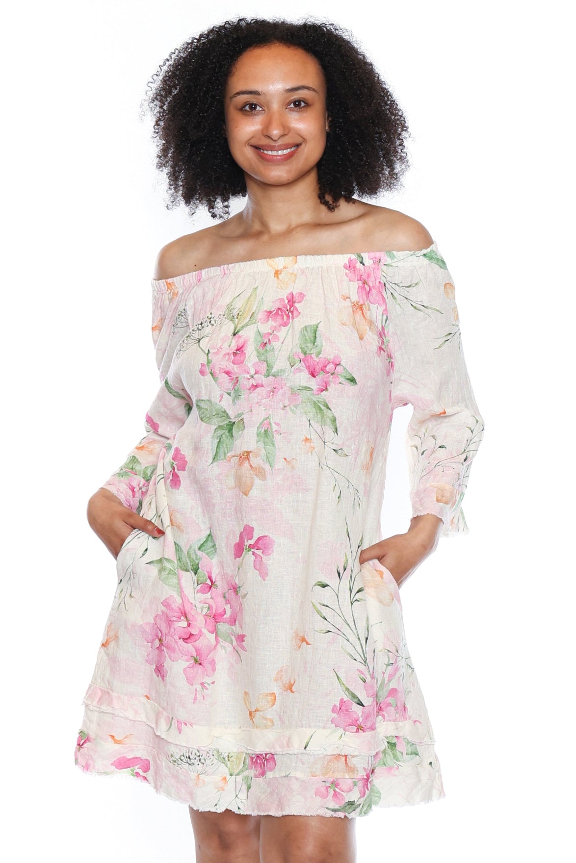 Floral Off-Shoulder Linen Dress