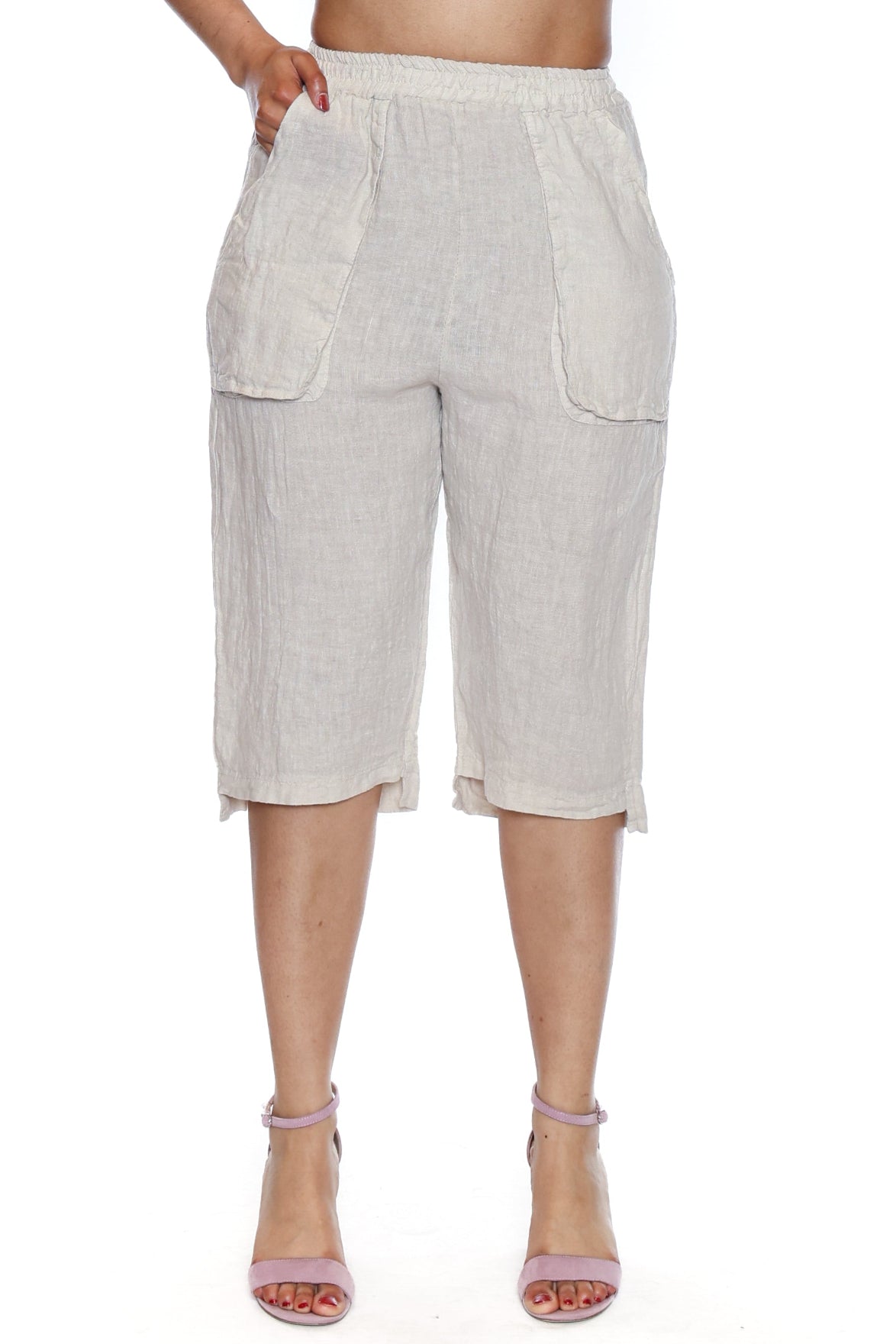 Linen Pull-On Bermuda Shorts with Pockets