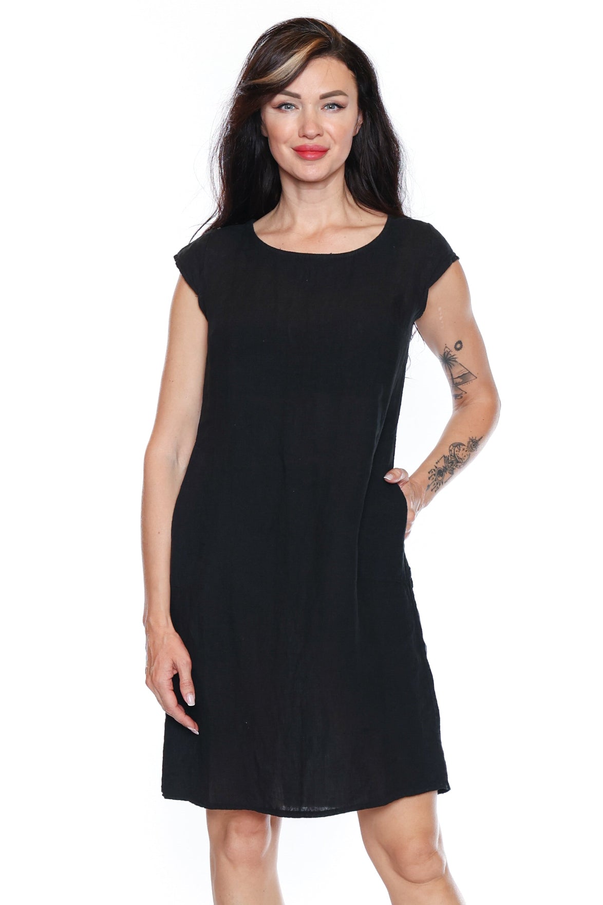Linen Cap Sleeve Pocket Dress