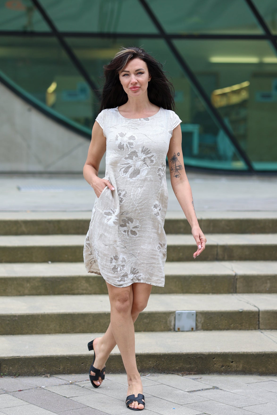 Floral Linen Cap Sleeve Dress