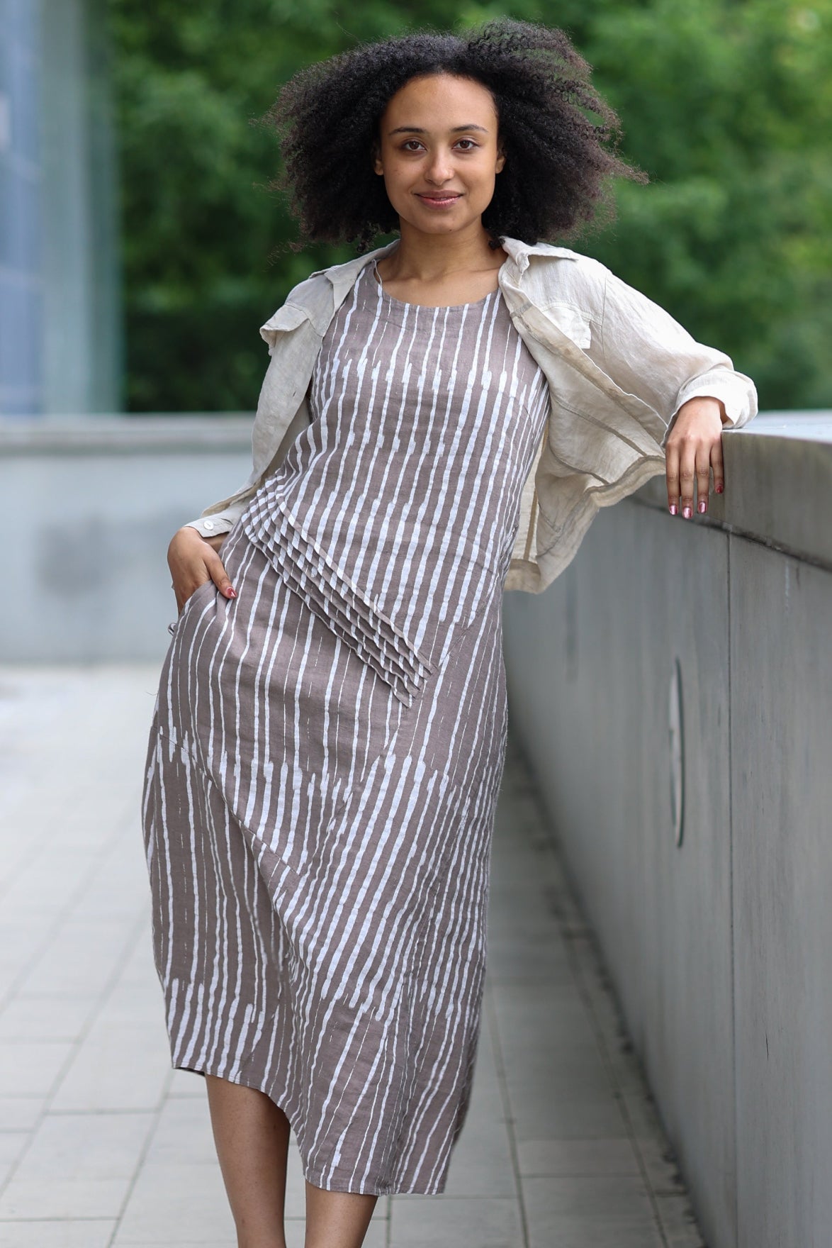 Striped Linen Blend Asymmetrical Dress