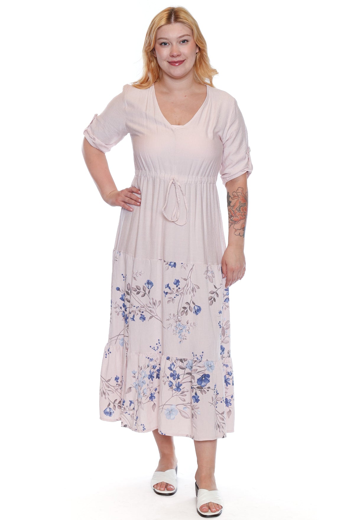 Floral Panel Midi Dress with Drawstring Waist