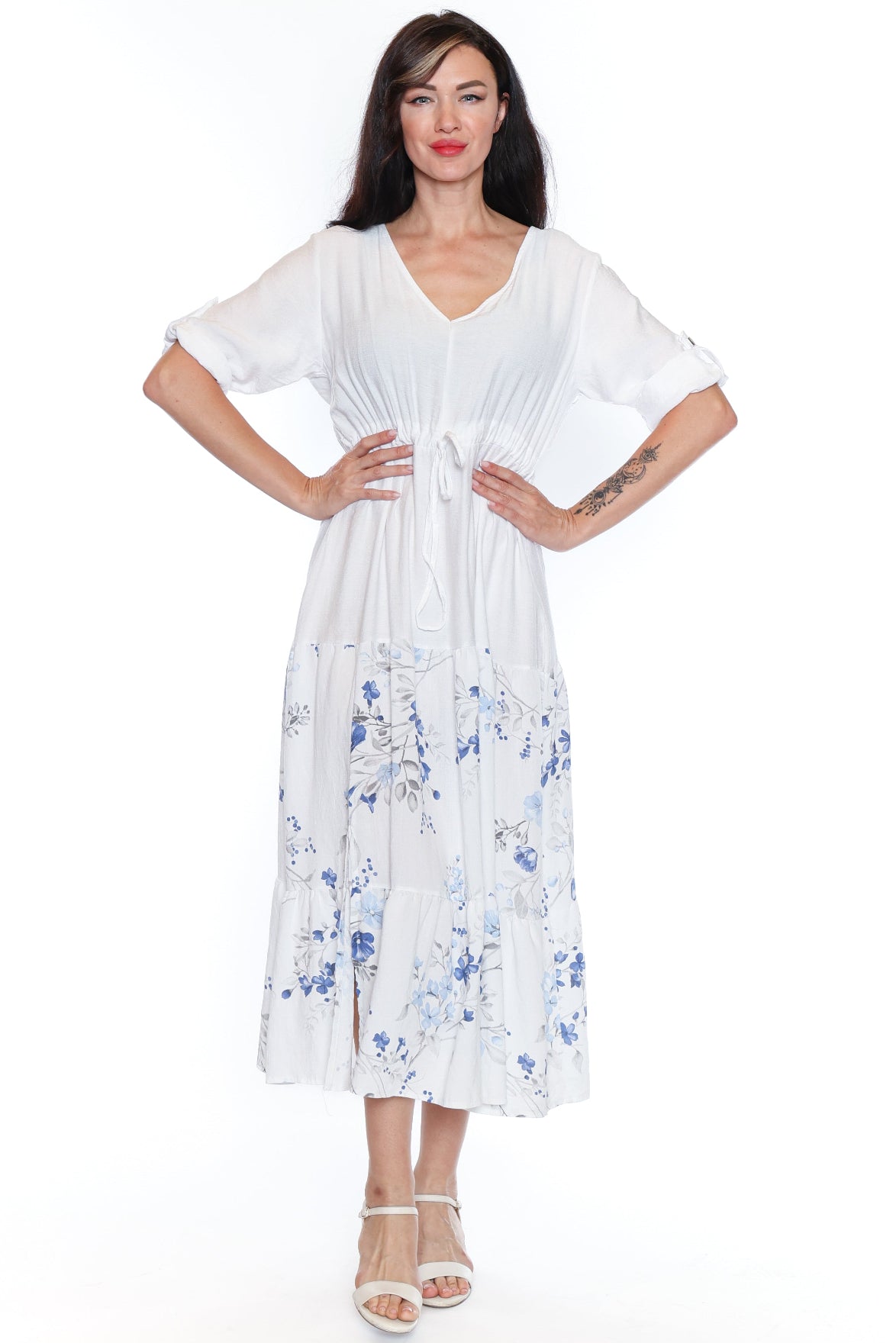 Floral Panel Midi Dress with Drawstring Waist