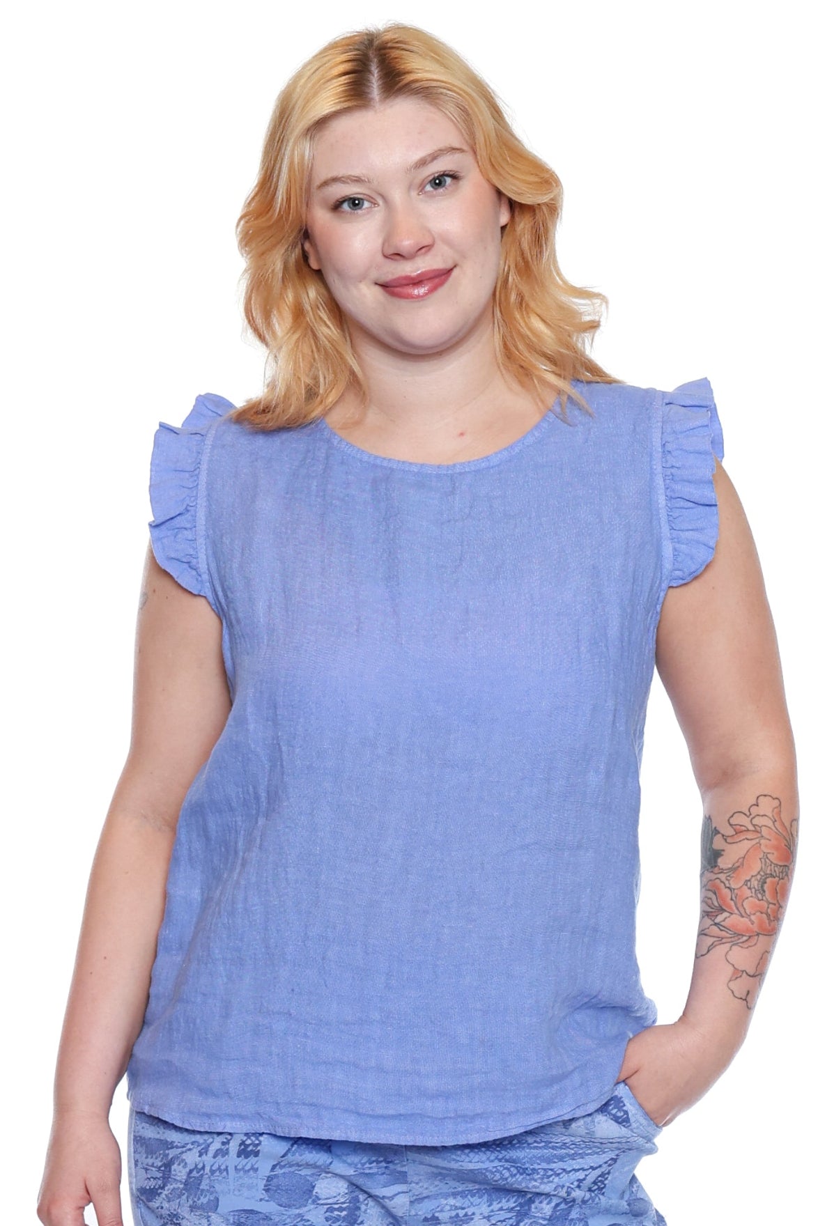 Linen Ruffle Sleeve Top – Azure