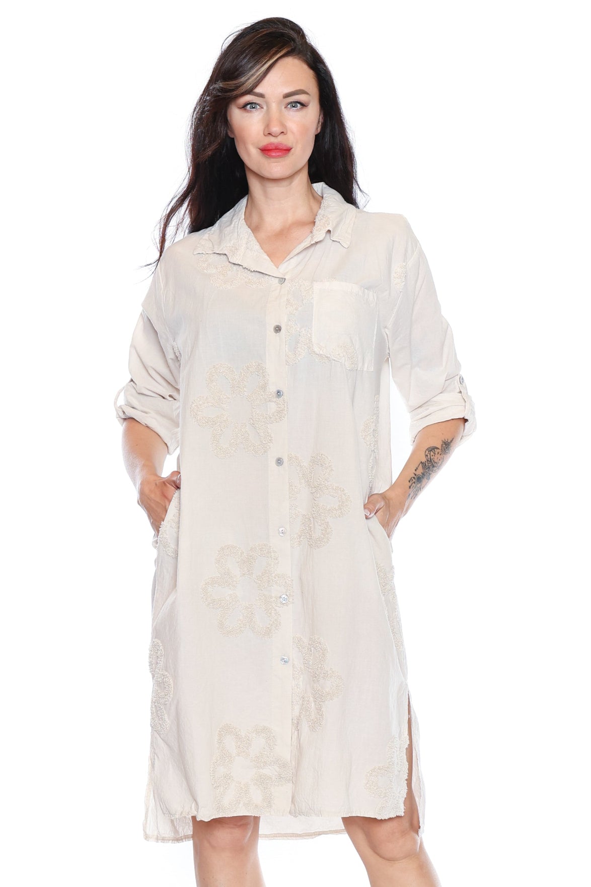 Cotton Button-Down Shirt Dress with Floral Detail