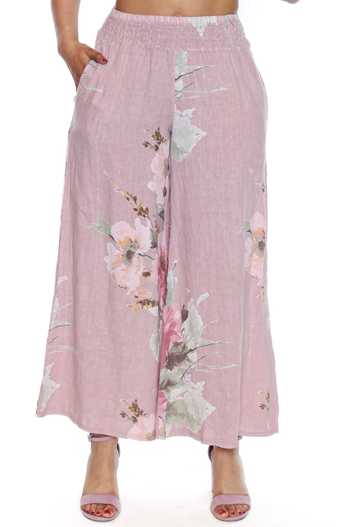 Pink Floral Linen Wide-Leg Pants