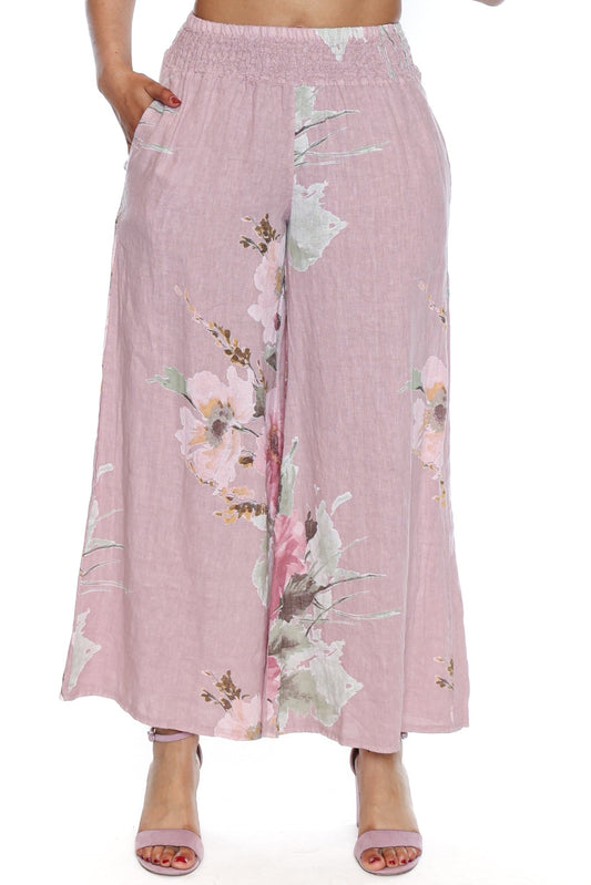 Pink Floral Linen Wide-Leg Pants