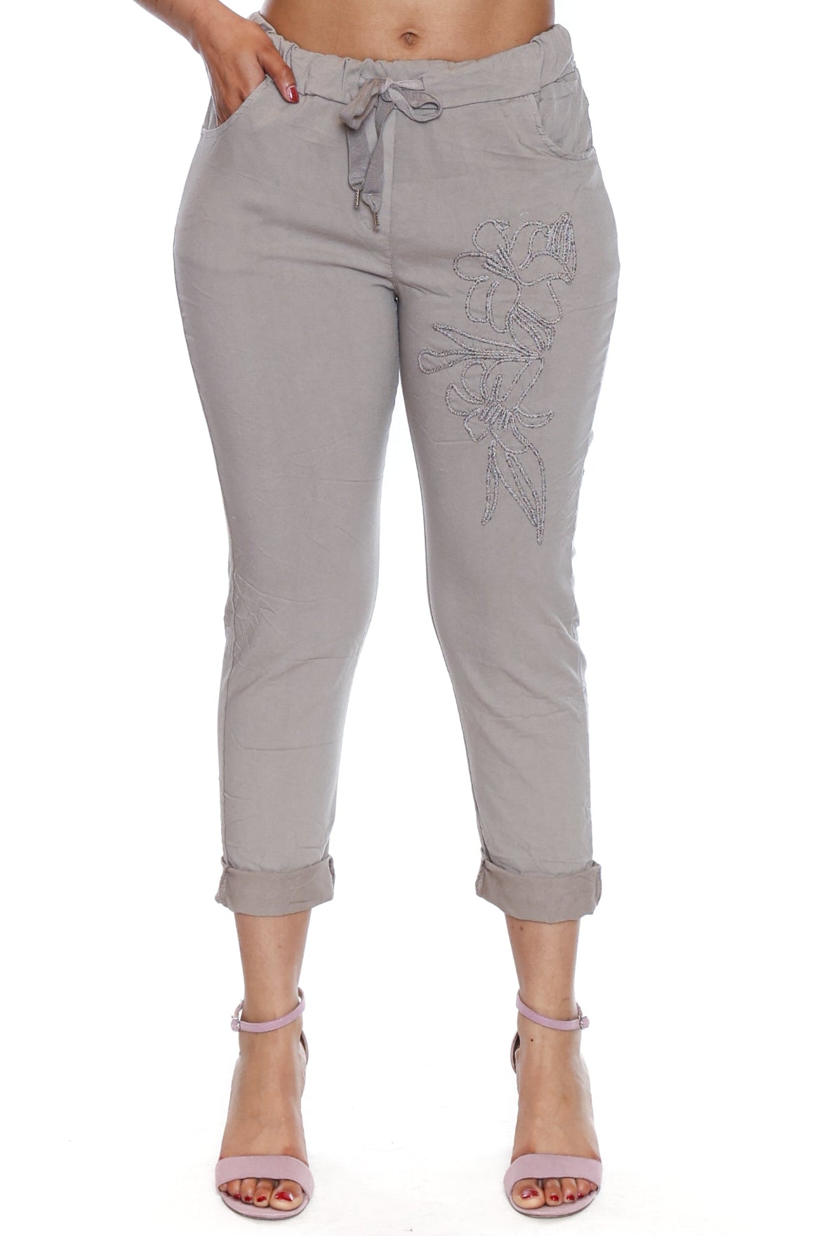 Embroidered Pull-On Ankle Pants