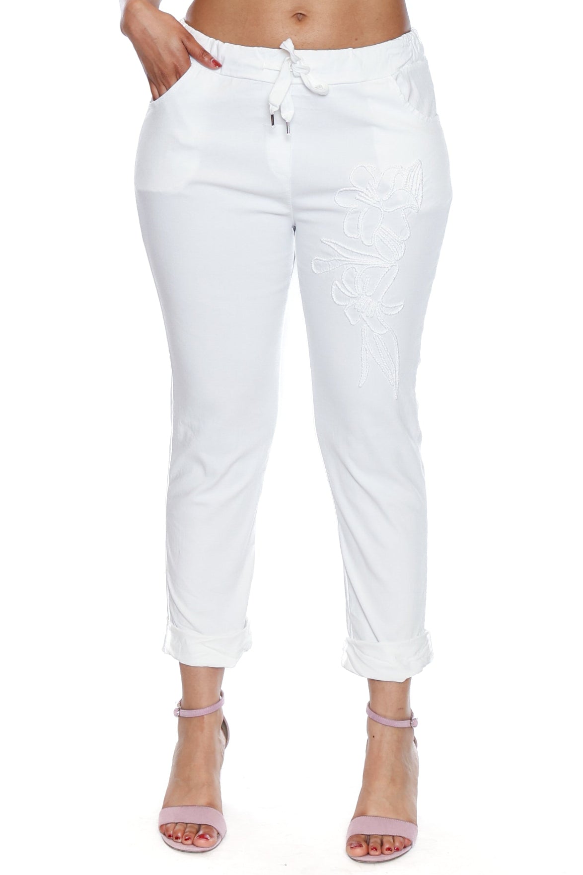 Embroidered Pull-On Ankle Pants
