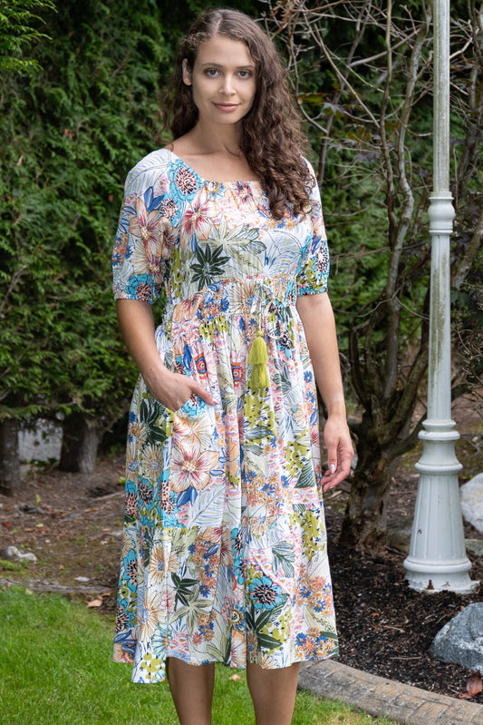 Smocked Waist Half Sleeve Midi Dress with Tassel Tie