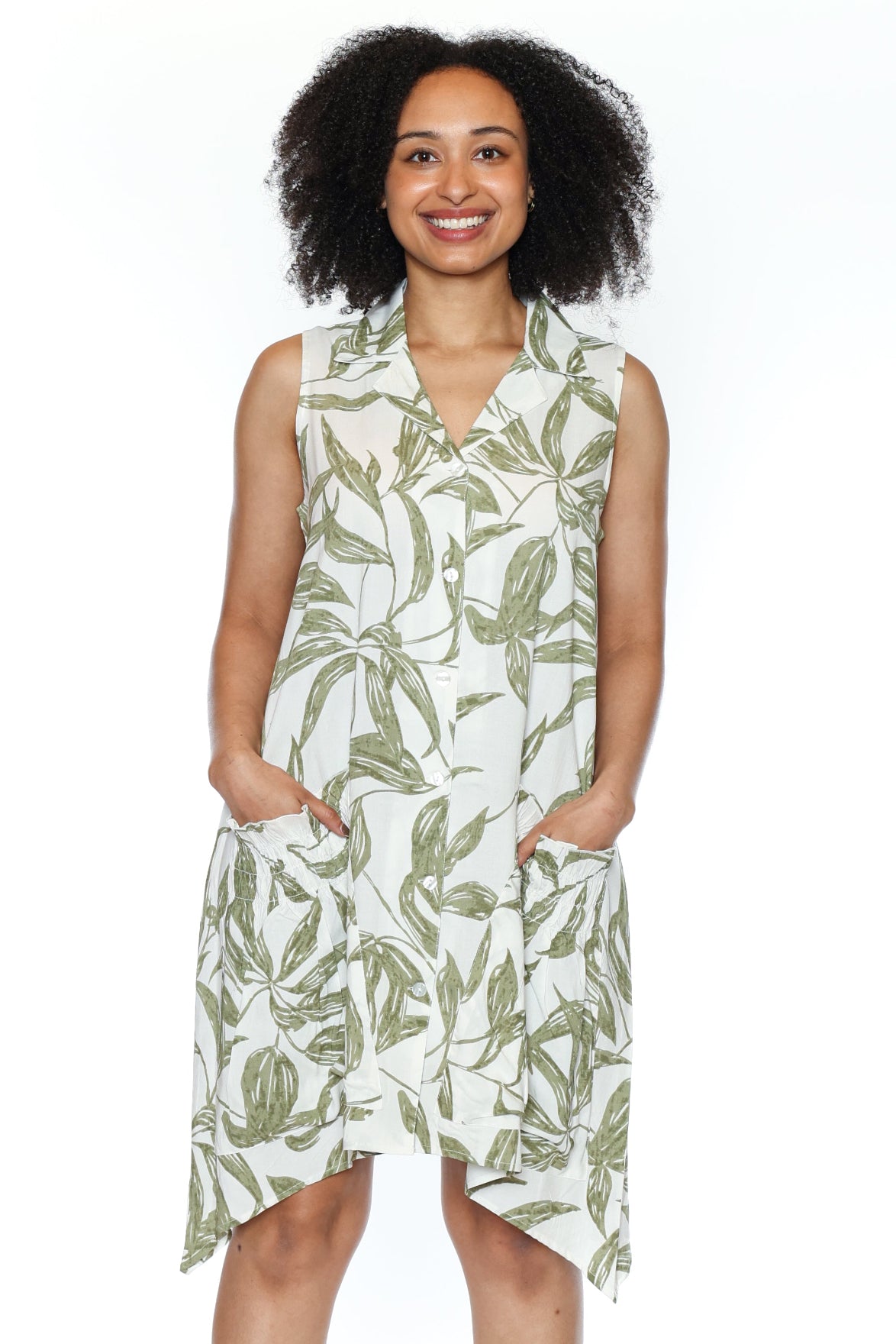 Sleeveless Button-Front Pocket Dress