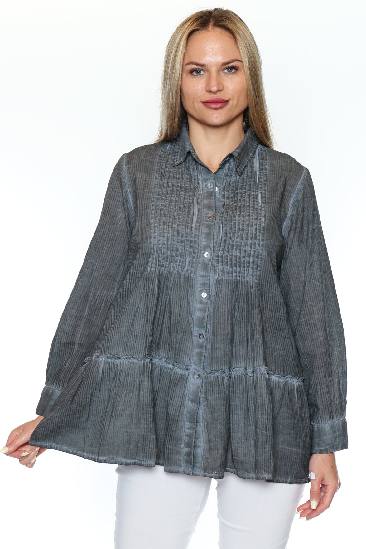 Washed Texture Tiered Button-Up Tunic