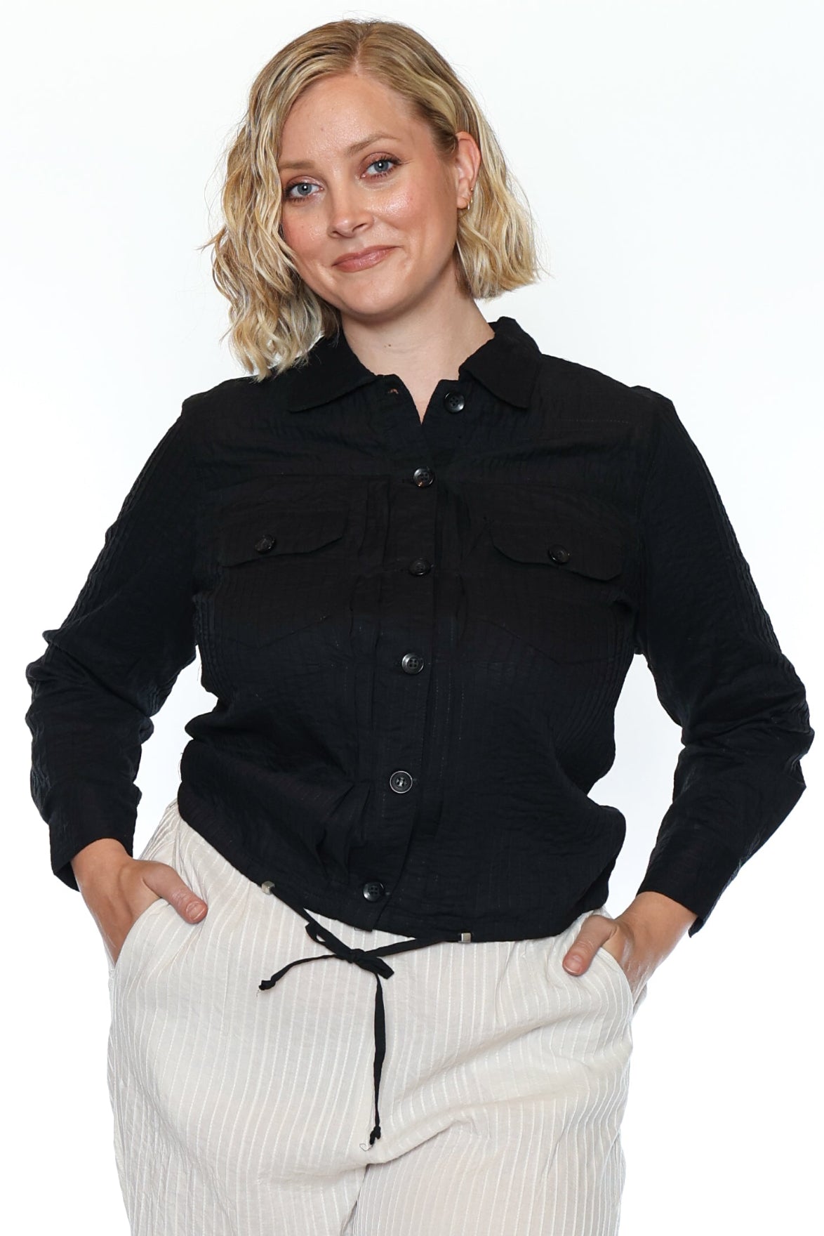 Cotton Drawstring Button-Front Shirt