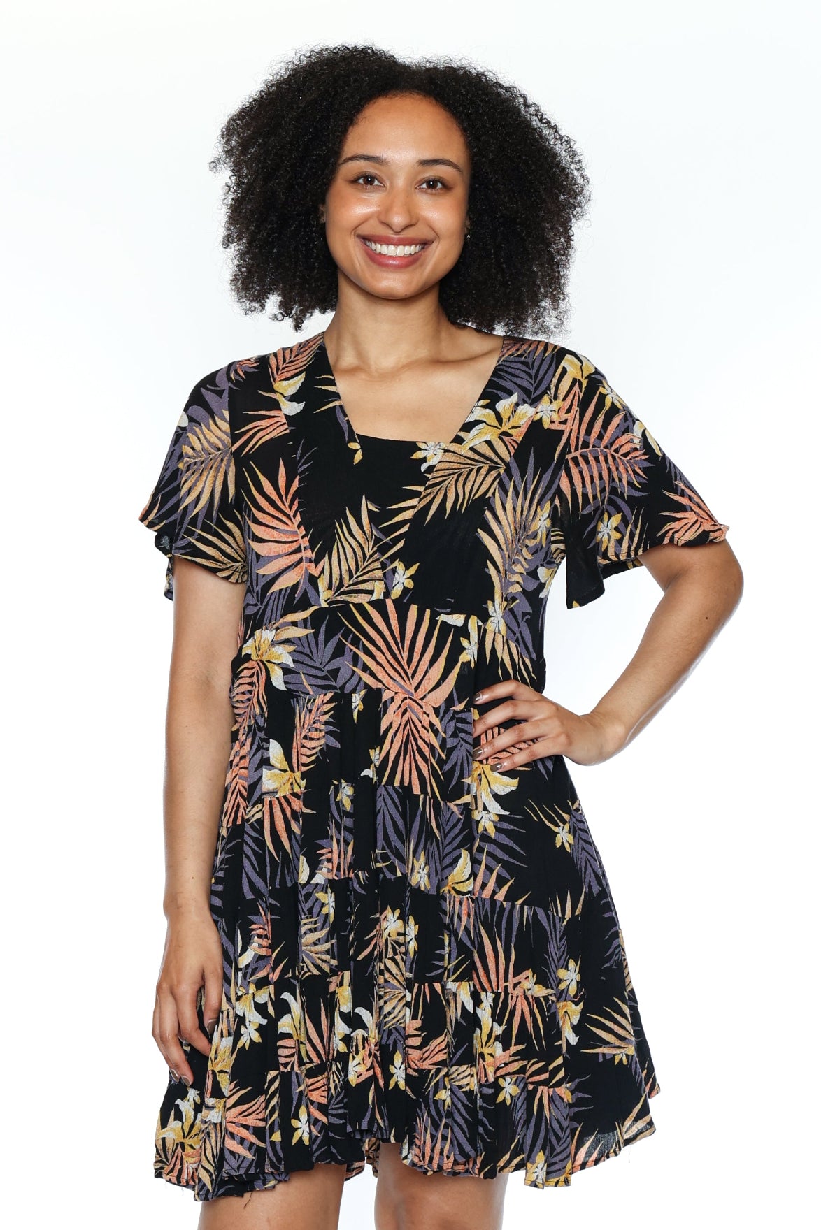 Tropical Tiered Flutter Sleeve Dress