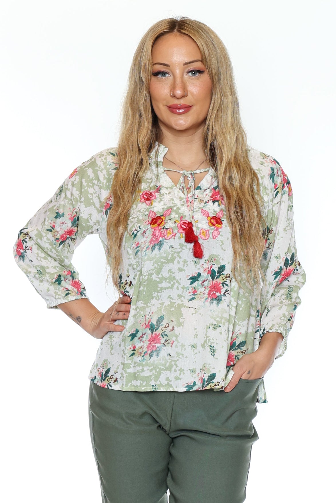 Floral Embroidered Tassel Cotton Blouse
